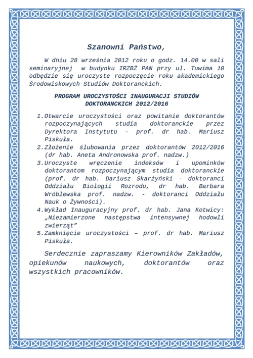 tn Inauguracja roku akademickiego srodowiskowych Studiow doktoranckich